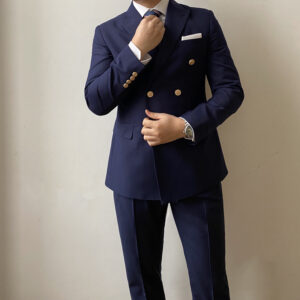 Navy Double-breasted Golden Buttons Suit Set